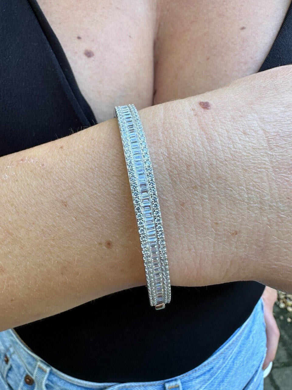 HarlemBling Real Solid 925 Silver Iced Baguette Cuff Bangle Ladies Bracelet Small 5-7" CZ