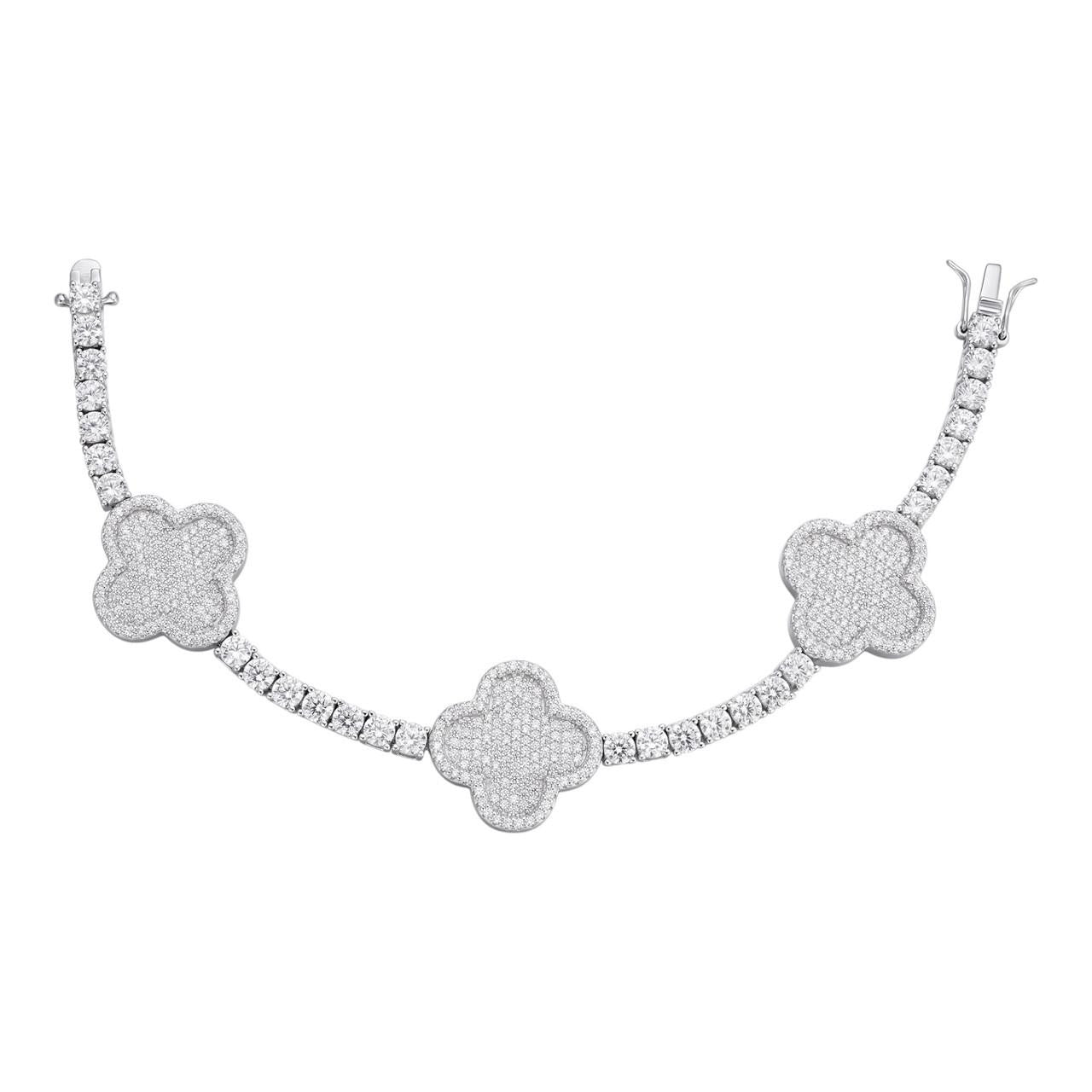 Real Solid 925 Silver Iced CZ Clover Shape Tennis Bracelet Mens