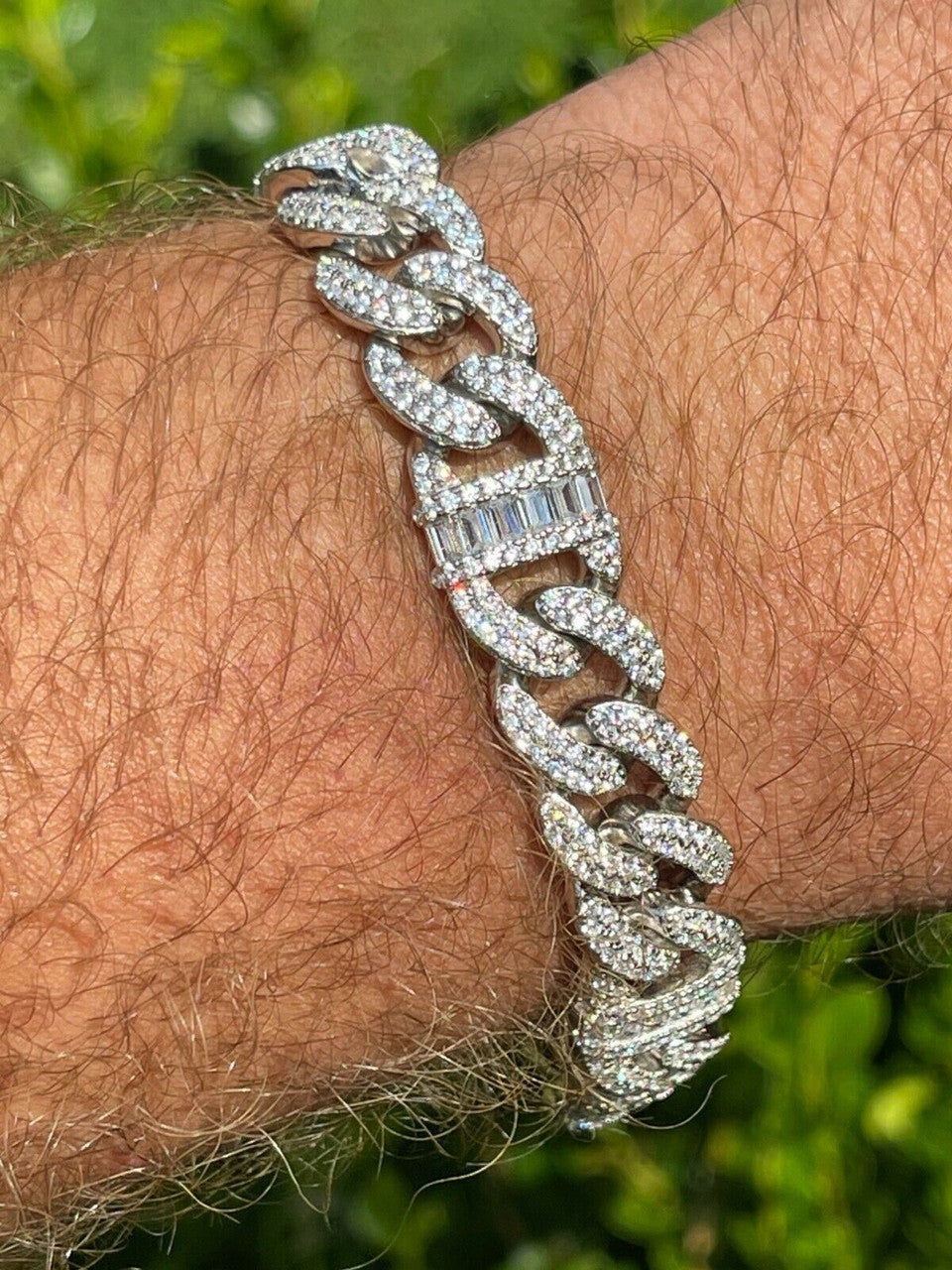 HarlemBling Real Solid 925 Silver Mens Miami Cuban Iced Gucci Link Bracelet Baguette Diamond