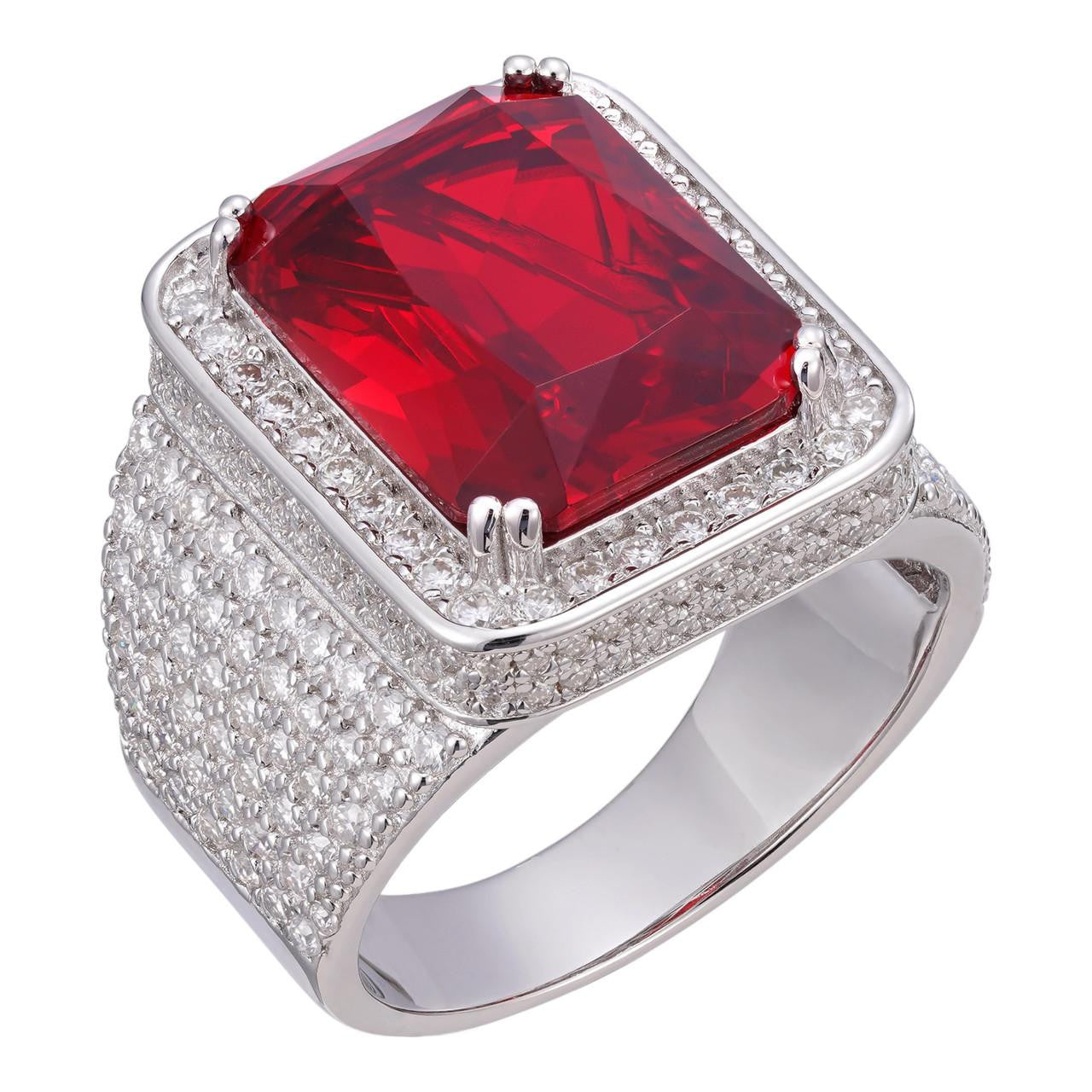 Mens Iced Flooded Out Diamond Real 925 Sterling Silver Ruby Red