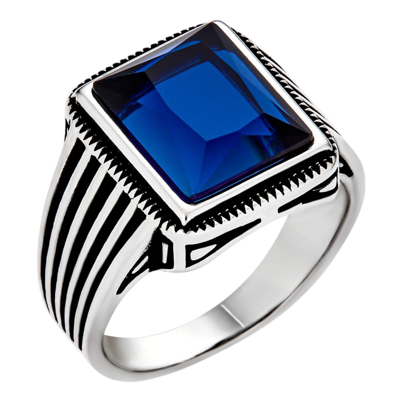 Mens Real Solid 925 Sterling Silver Dark Navy Blue Sapphire Stone