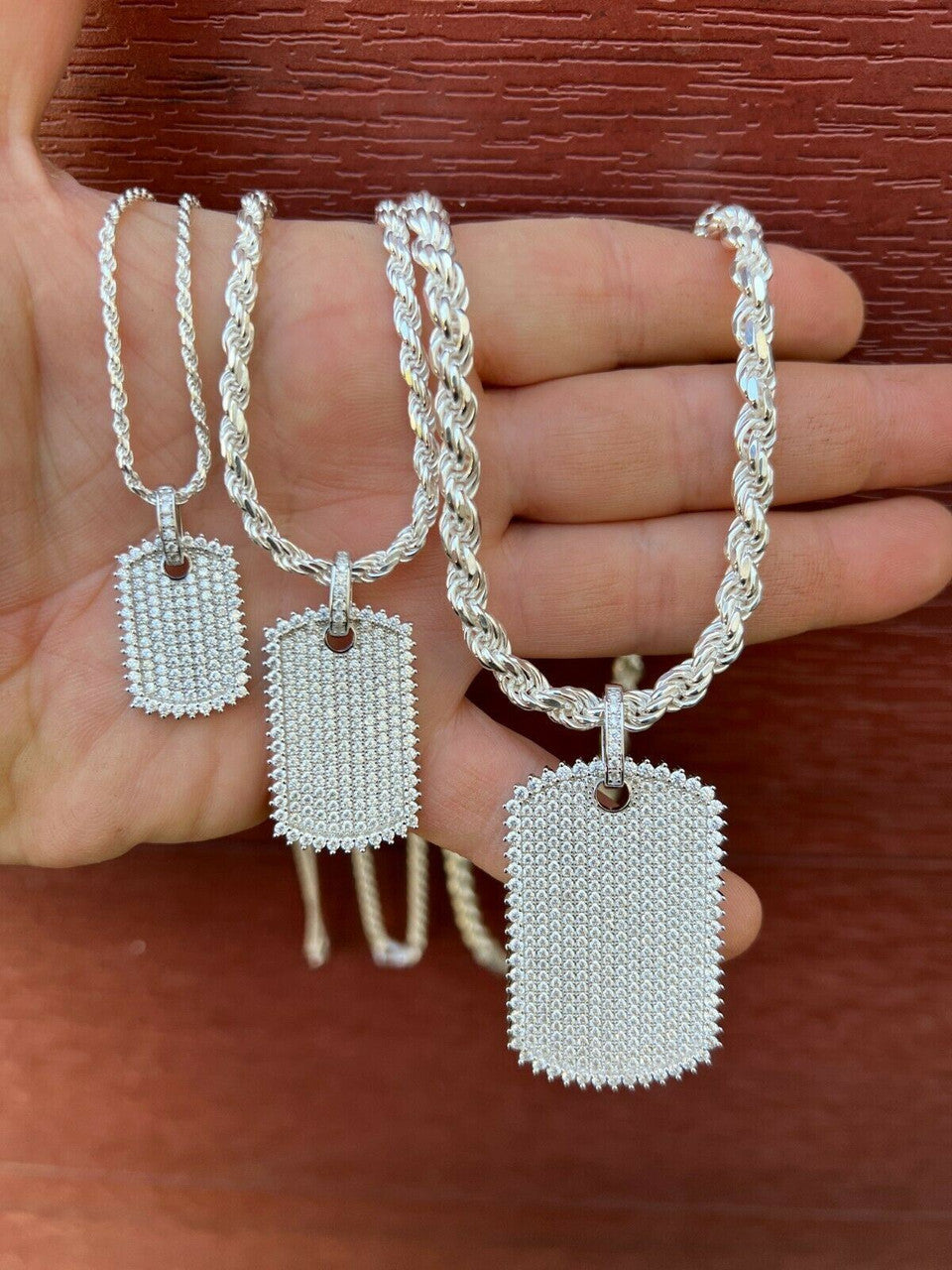 HarlemBling Solid 925 Silver Dog Tag Iced Hip Hop Pendant Necklace - 3 Sizes For Men Ladies