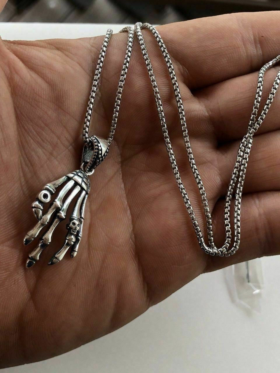 HarlemBling Solid 925 Sterling Silver Skeleton Hand Skull Mens Biker Goth Pendant 22 Chain