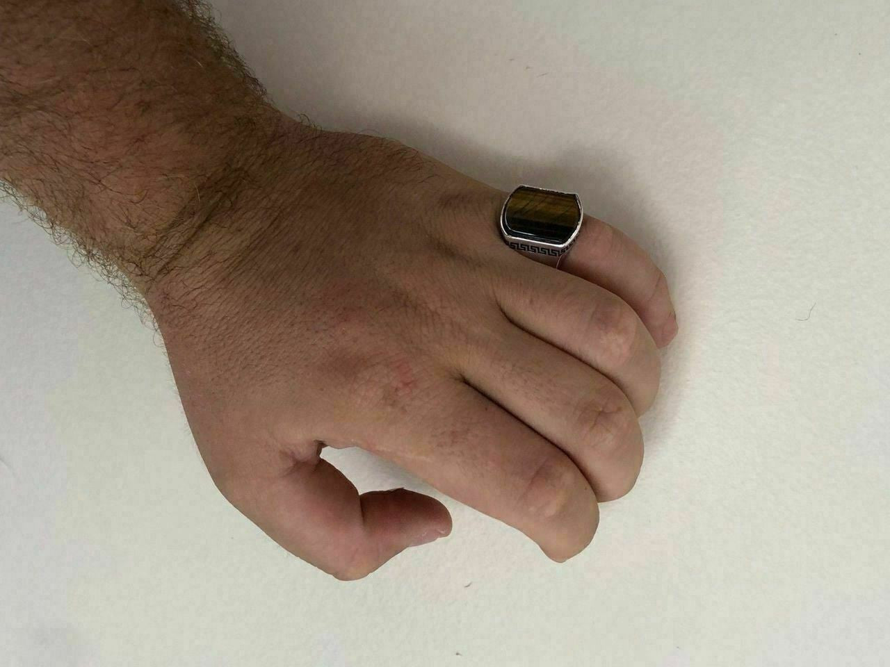 HarlemBling Solid 925 Sterling Silver Tigers Eye Mens Signet Ring Size 7 8 9 10 11 12 13