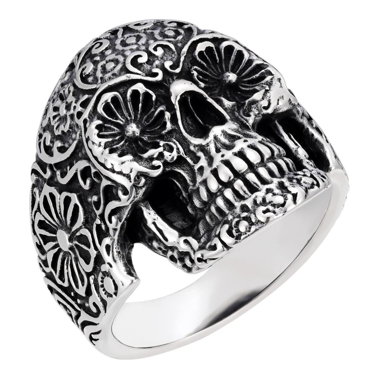 Men's 925 Sterling Silver Calavera Day Of Dead Sugar Flower Skull