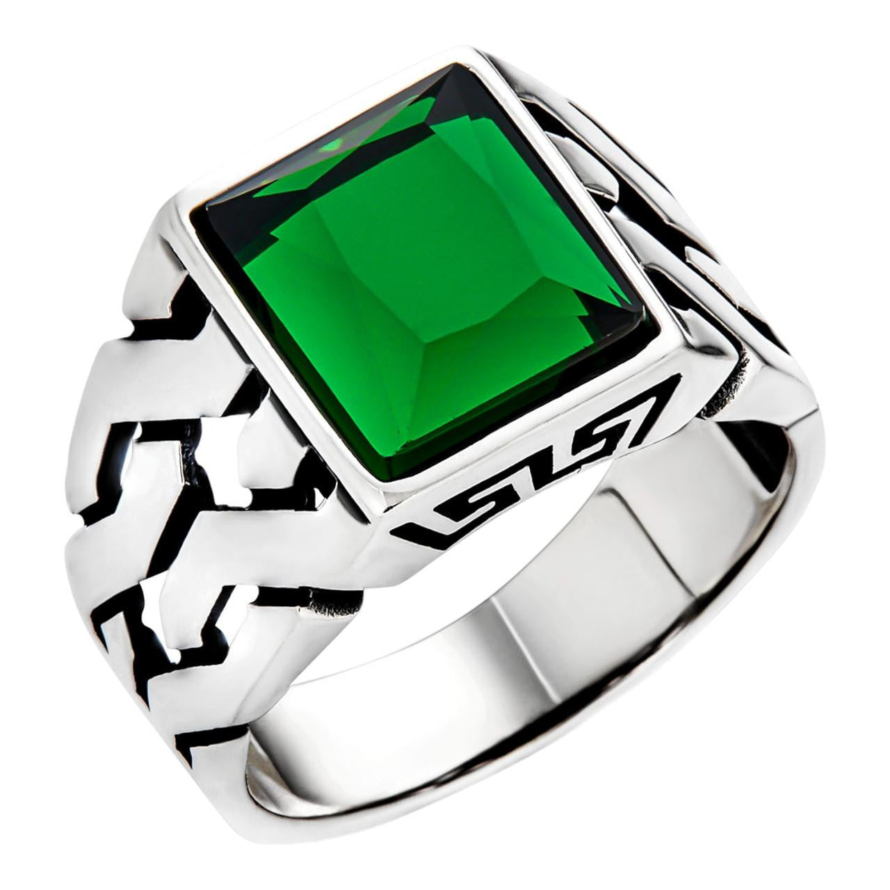 Mens Real Solid 925 Sterling Silver Green Emerald Gem Stone Ring