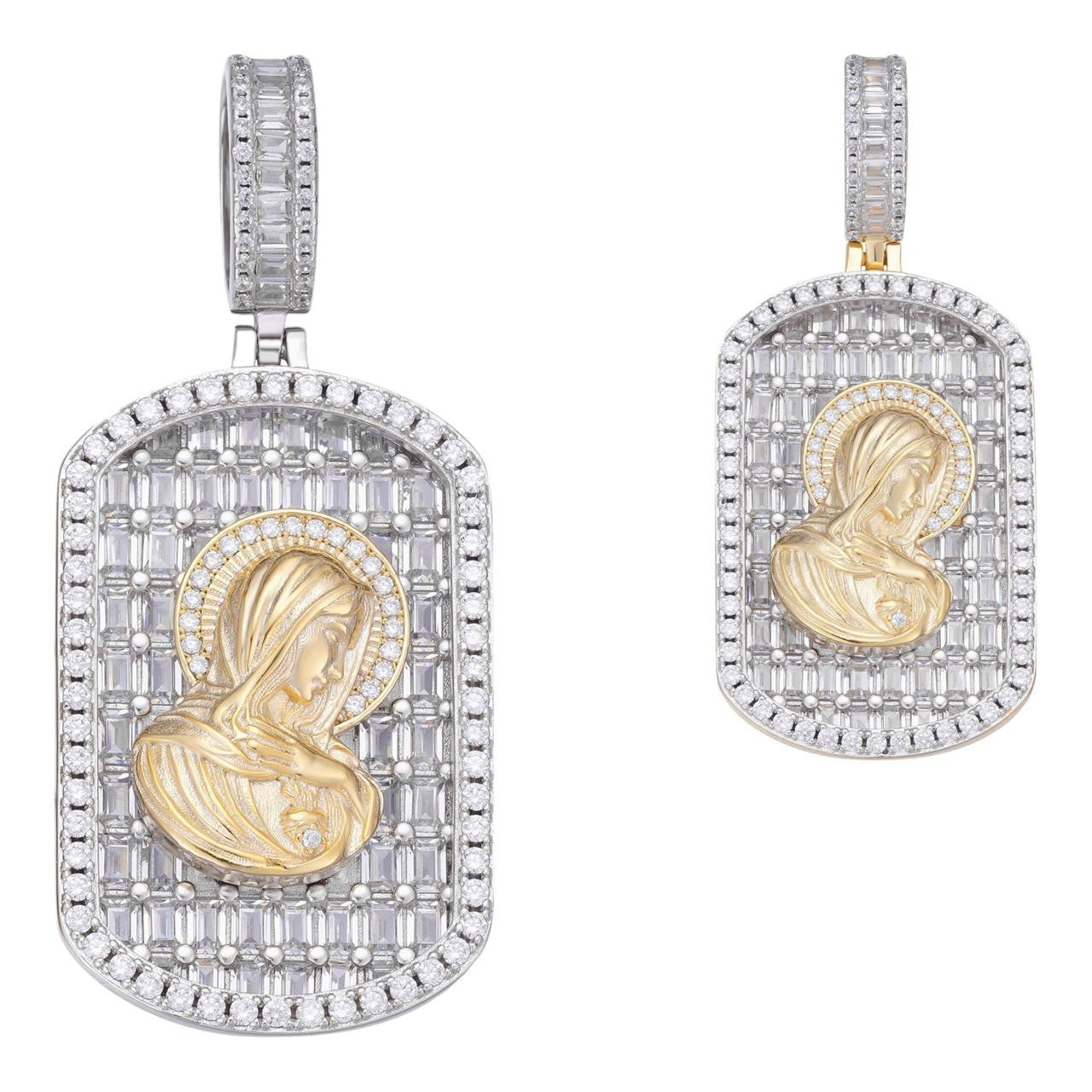 Real Solid 925 Silver Virgin Mary Iced Baguette Diamond DogTag Pendant ...