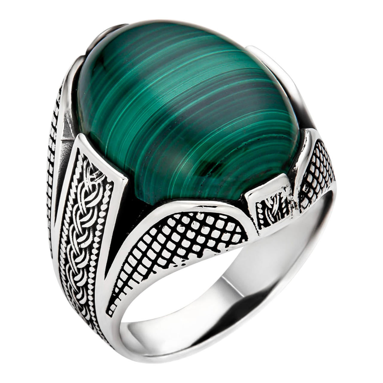 Large Green Malachite Gemstone Mens Real Solid 925 Sterling Silver 