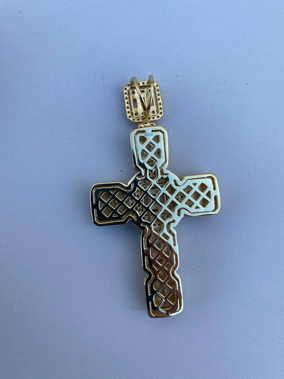 HarlemBling Yellow Gold Over Solid 925 Silver Mens Large Baguette Diamond Cross Necklace 2