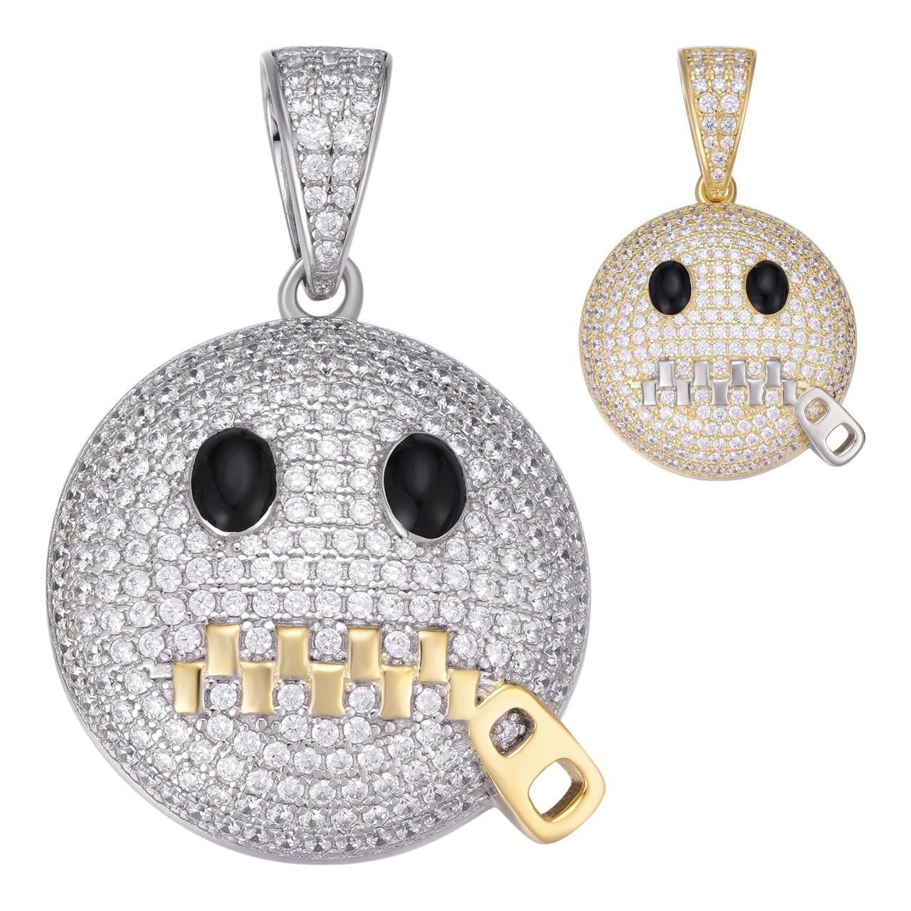 Real 925 Silver HipHop Zipper Mouth Emoji Pendant Necklace Iced