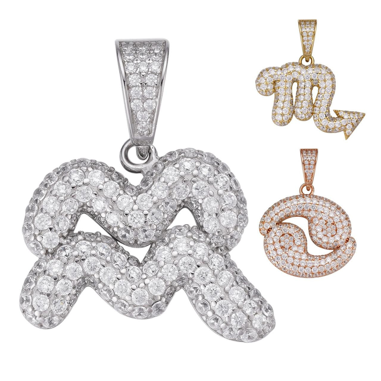 Solid 925 Silver Iced Diamond Zodiac Astrology Sign Pendant Necklace ...