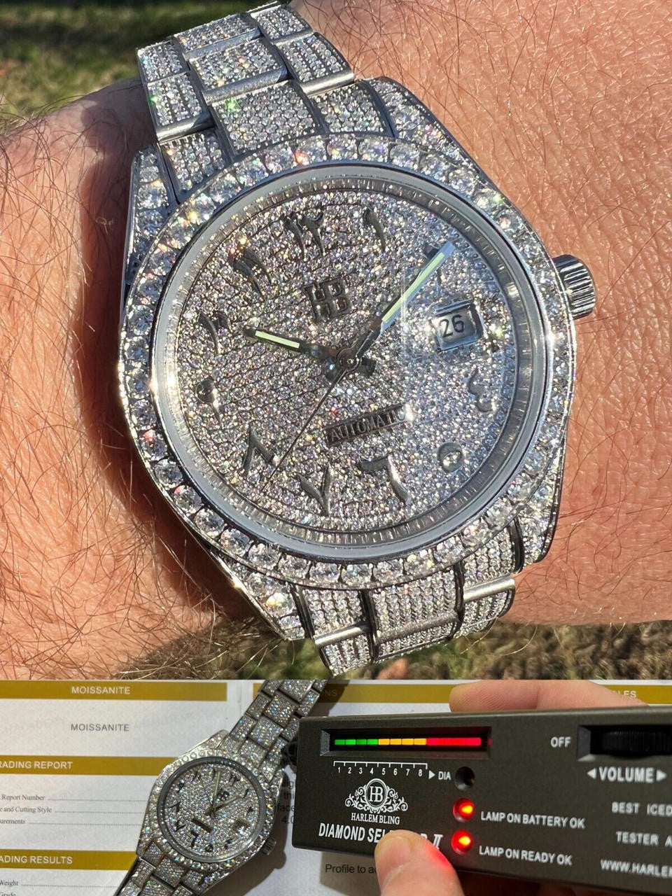 16ct Moissanite Watch Presidential Honeycomb Set Iced Arabic Dial