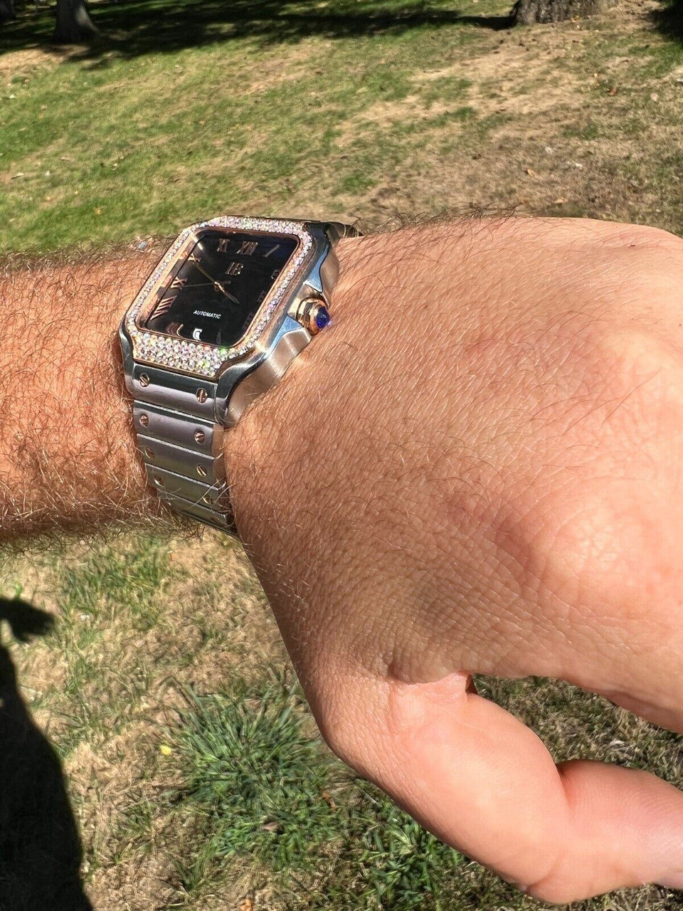 Hip Hop Mens 2.5ct MOISSANITE Watch Hip Hop Two Tone Rose Gold Plated Automatic Black