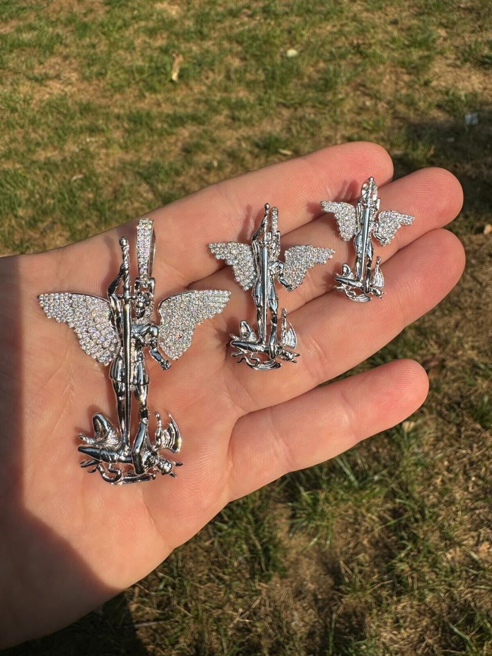 Hip Hop MOISSANITE Artwork Saint St Michael Slaying Dragon Archangel Pendant - 925 Silver - 3 Sizes 1"-3"