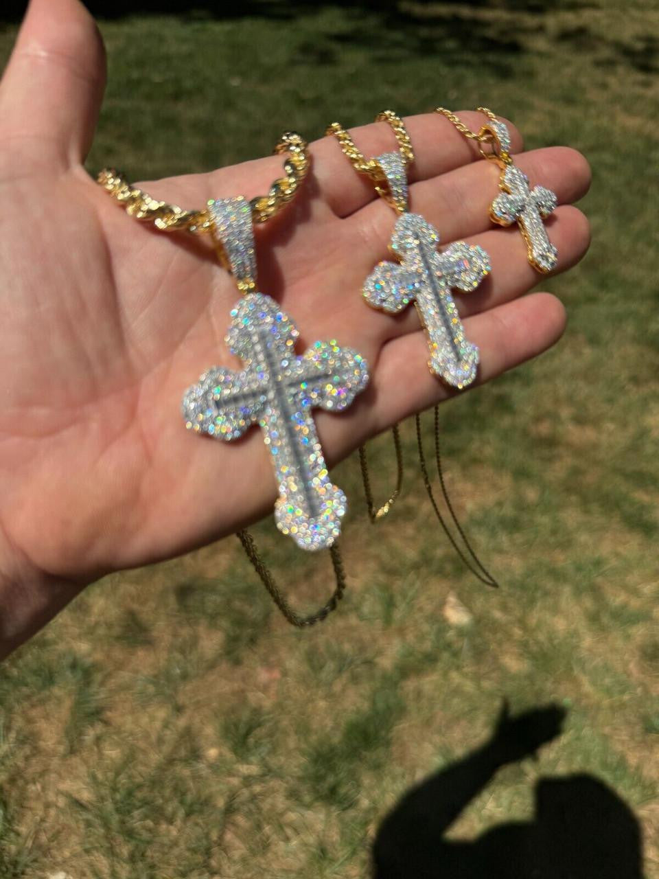 Hip Hop MOISSANITE Baguette Gothic Iced Out Cross Pendant - 14k Gold Vermeil 925 Silver - 3 Sizes 1.5"-3"