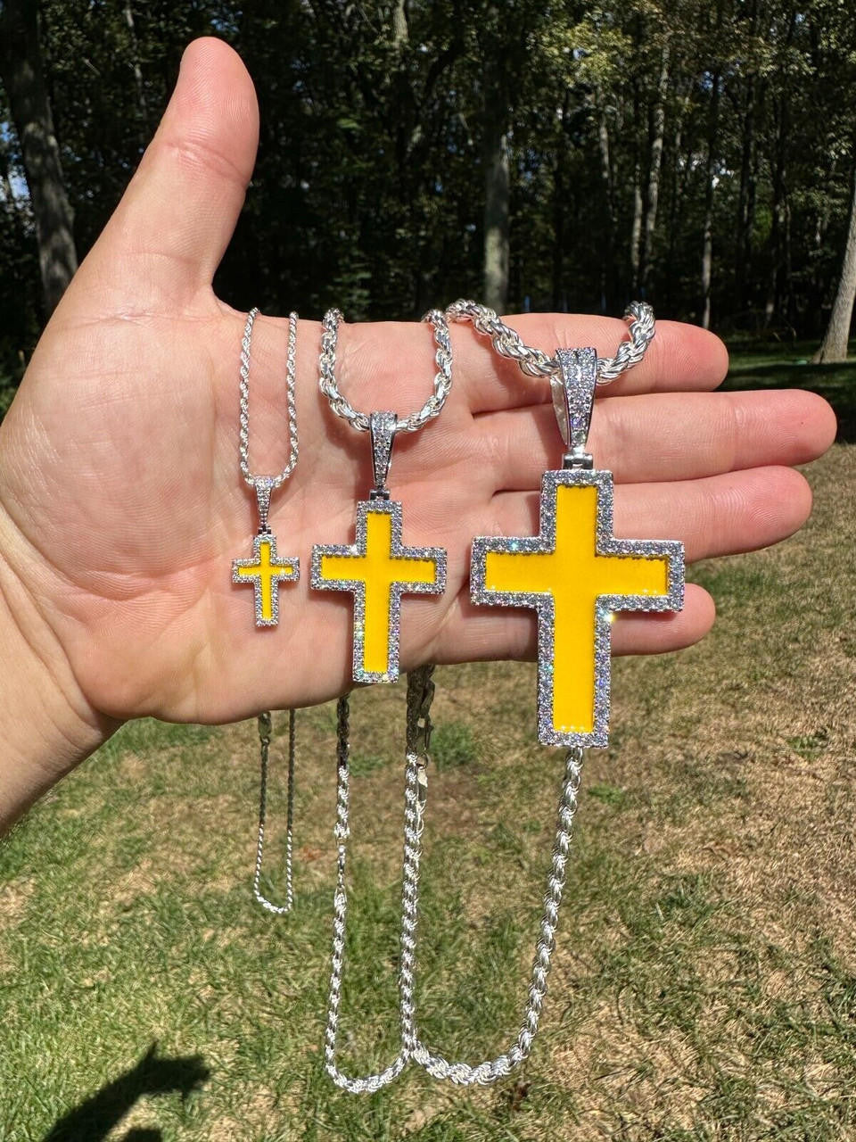 Hip Hop MOISSANITE Cross Pendant Iced Necklace Yellow Enamel Real 925 Silver 3 Sizes