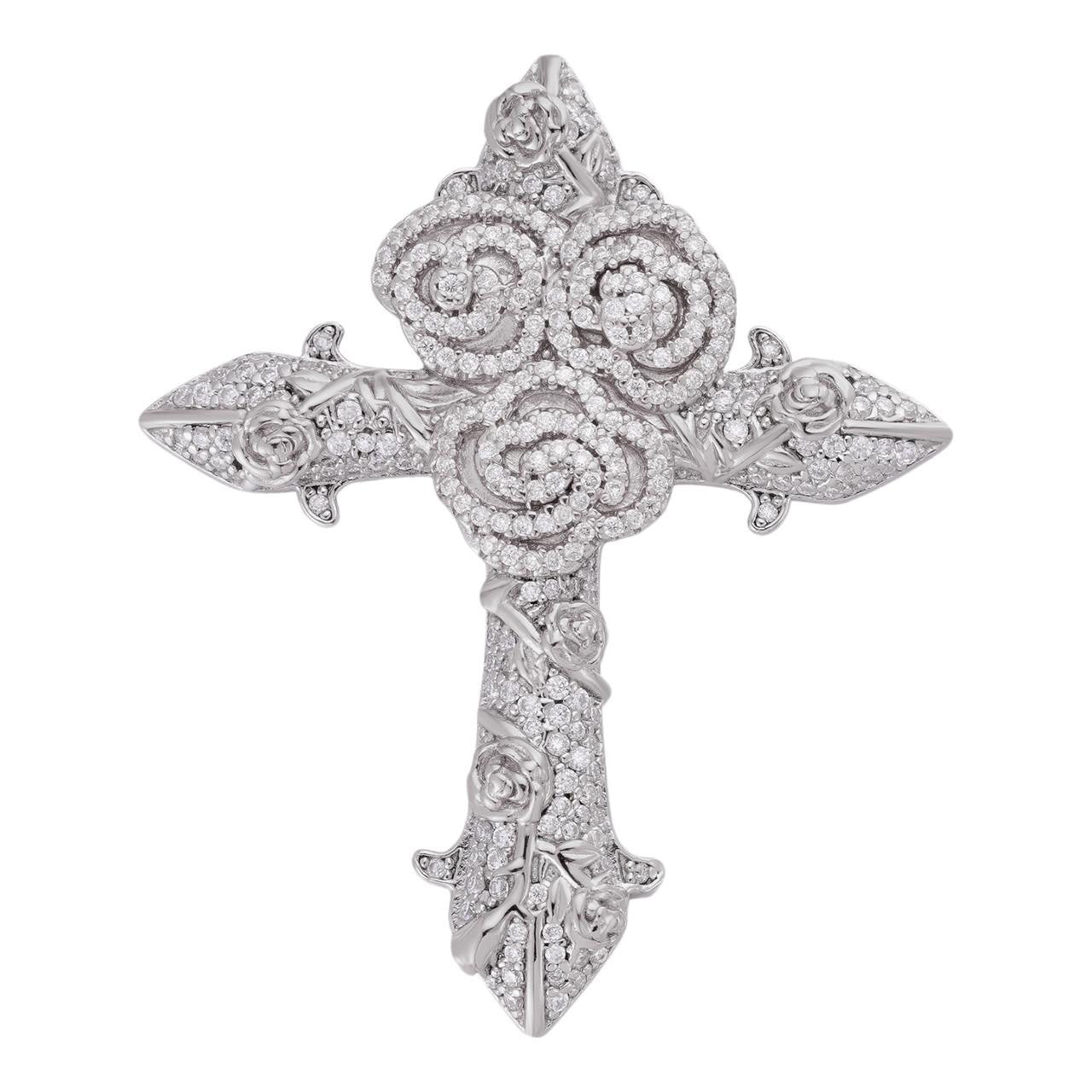 MOISSANITE Cross W. Rose Thorns Pendant Iced Necklace Real 925