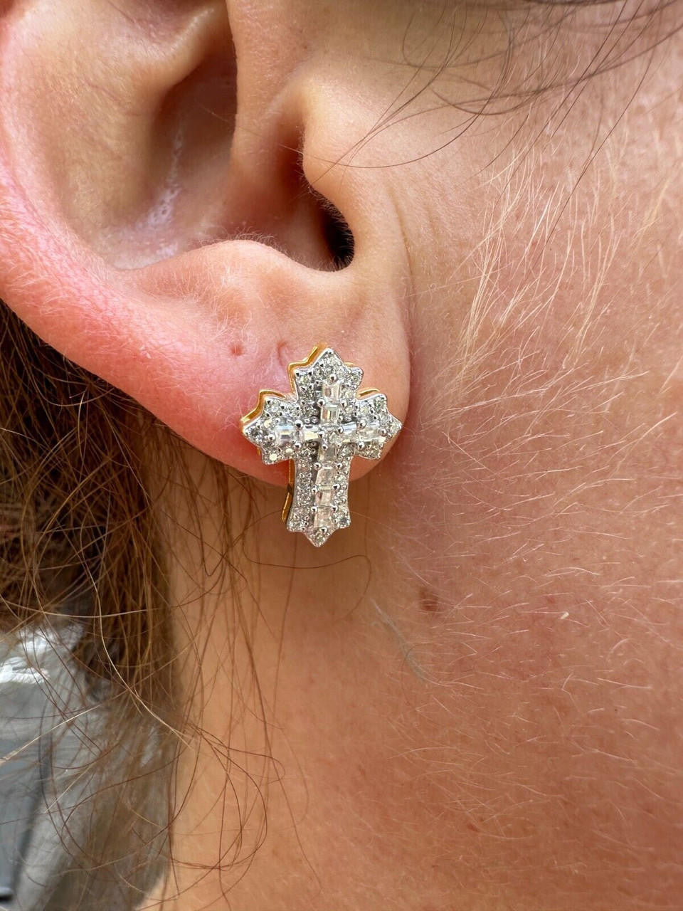 Hip Hop Moissanite Gothic Cross Large Earrings 14k Gold Vermeil 925 Silver Iced Hip Hop