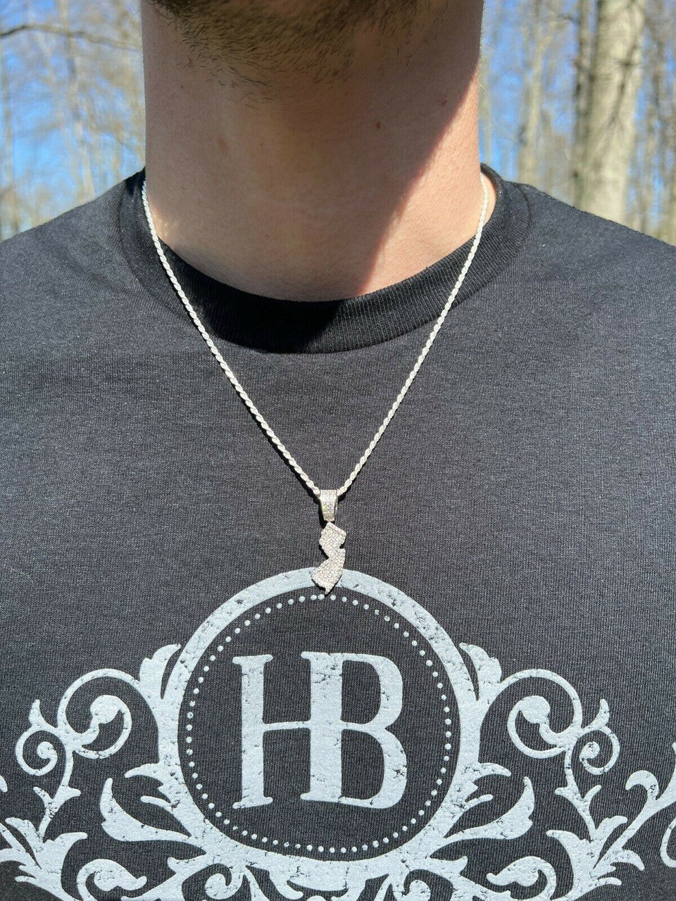Hip Hop Real 925 Silver HipHop New Jersey State Shape Pendant Iced Diamond Necklace Gold