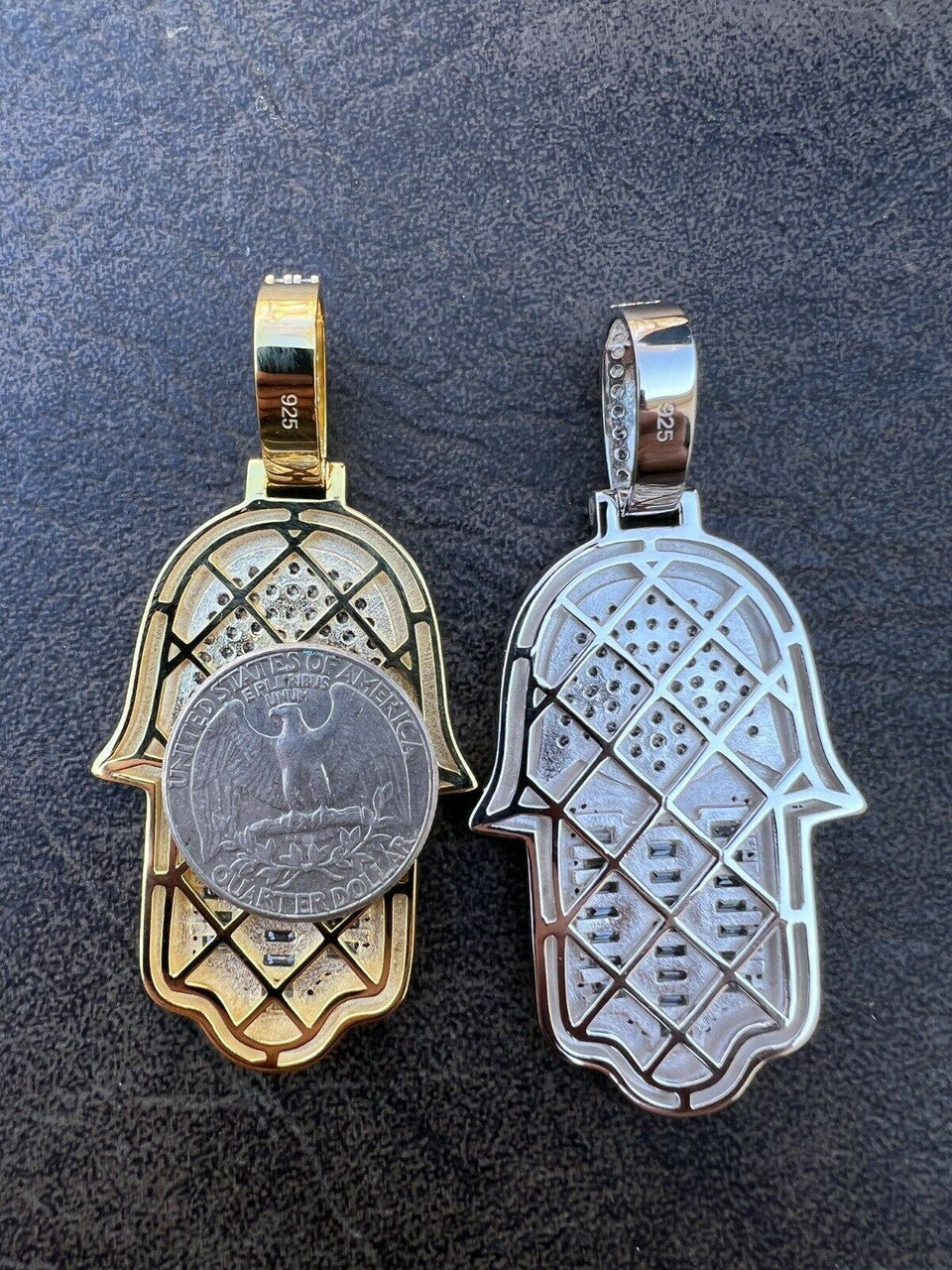 Hip Hop Real 925 Sterling Silver Gold Large Mens Hamsa Hand Pendant Ice Diamond Necklace