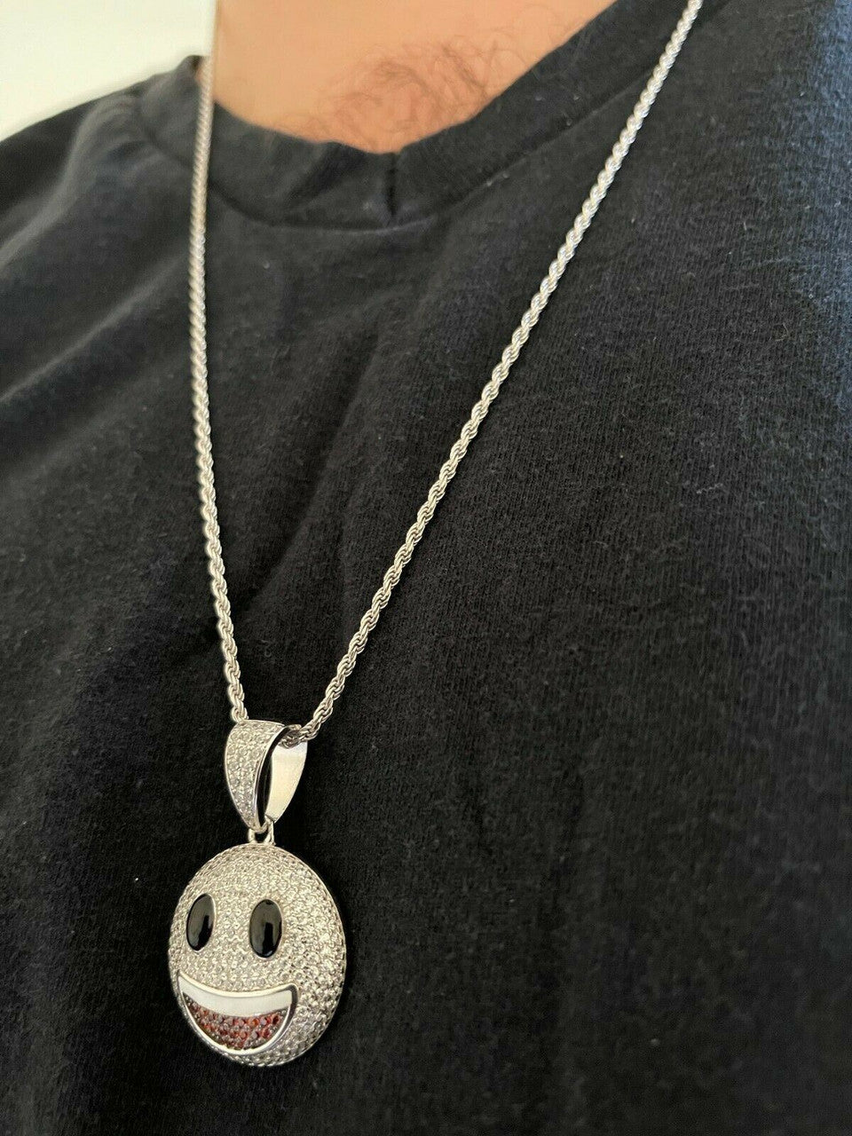 Hip Hop Real 925 Sterling Silver Hip Hop Smiley Face Emoji Pendant Necklace Iced Gold