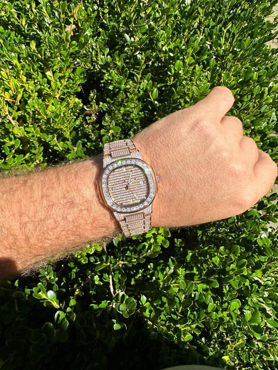 Hip Hop Real Mens Baguette 14k Rose Gold Real MOISSANITE Watch Iced Automatic Movement