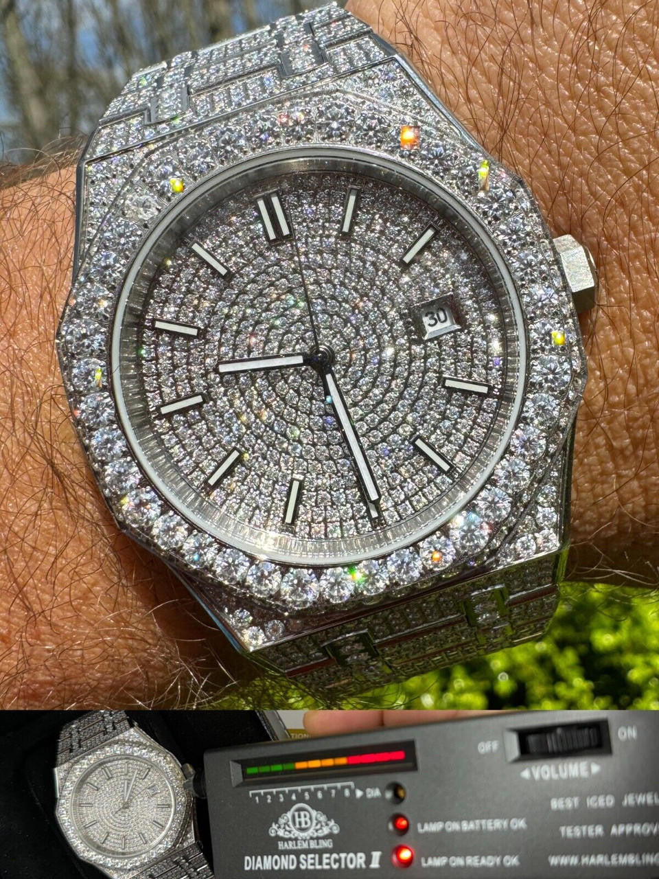 Real MOISSANITE Mens Watch Iced Large Stones No ID Hip Hop Real MOISSANITE Mens Watch Iced Large Stones No ID Hip Hop