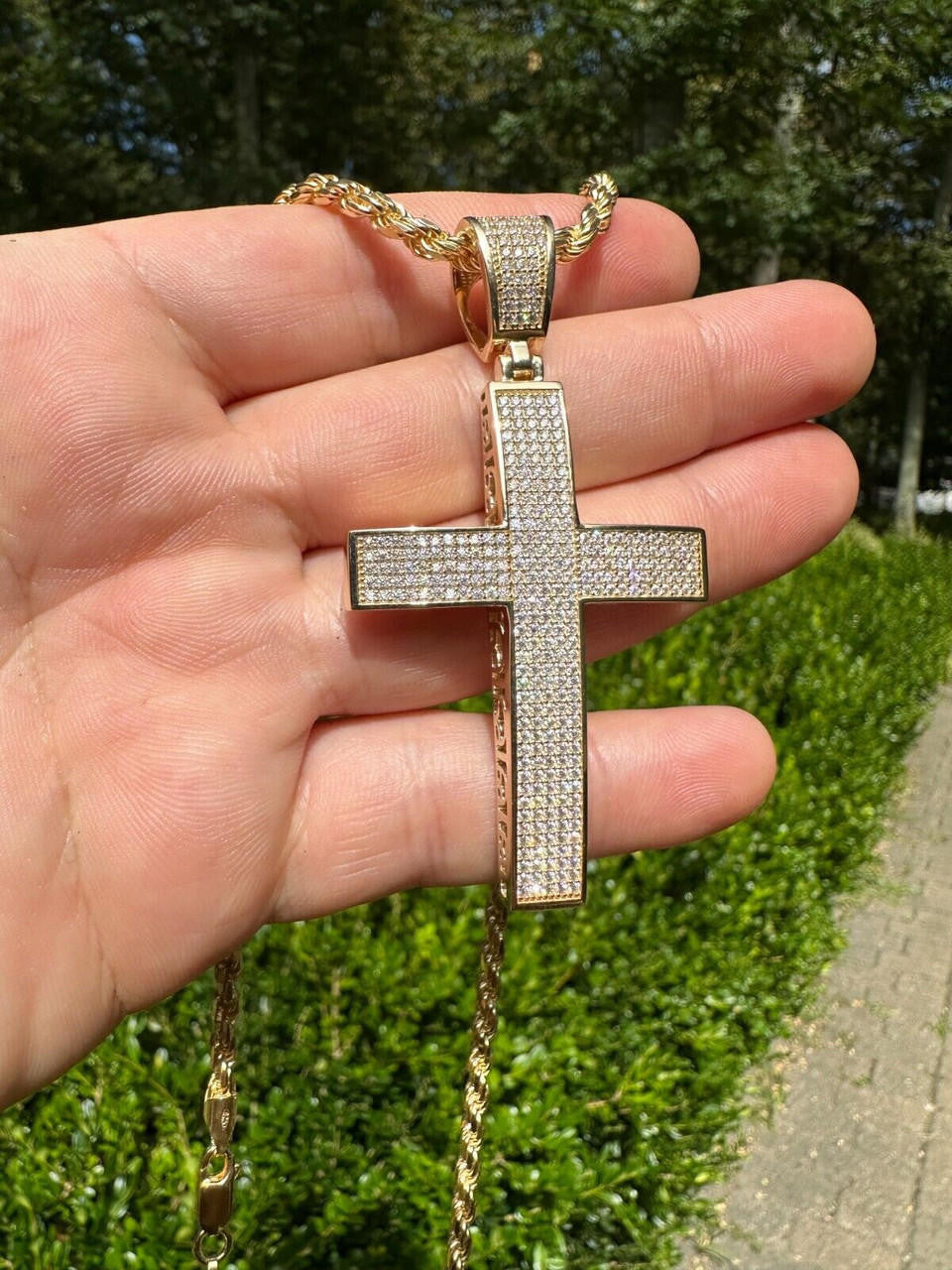 Hip Hop Solid 10k Yellow Gold 3ct VVS Moissanite Cross Pendant Necklace 19g Mens Large
