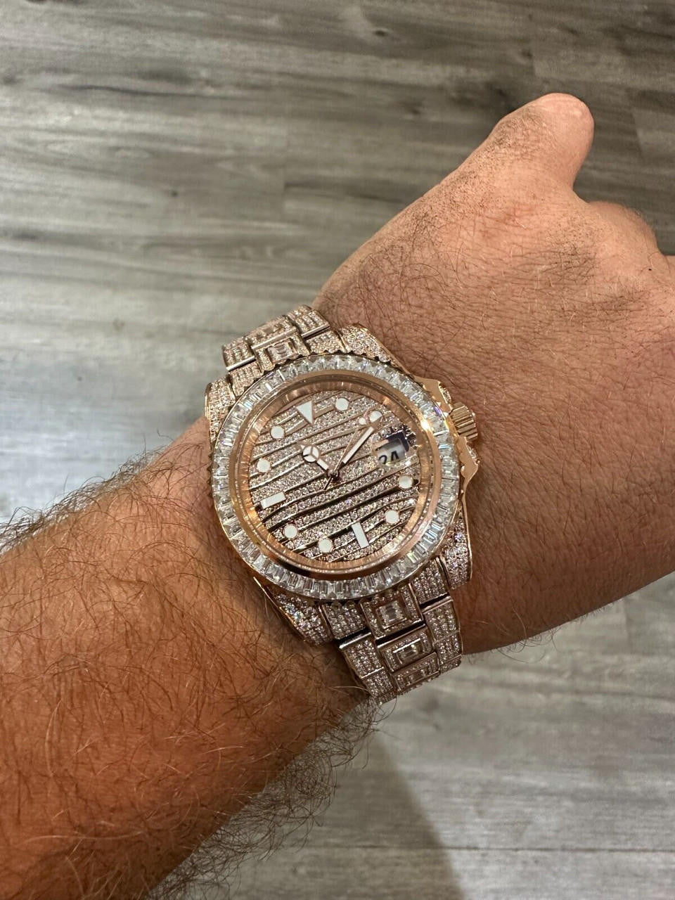 Hip Hop SUMMER 2023 WAVE EDITION Real Baguette MOISSANITE Mens NO ID Presidential Watch Iced Rose Gold