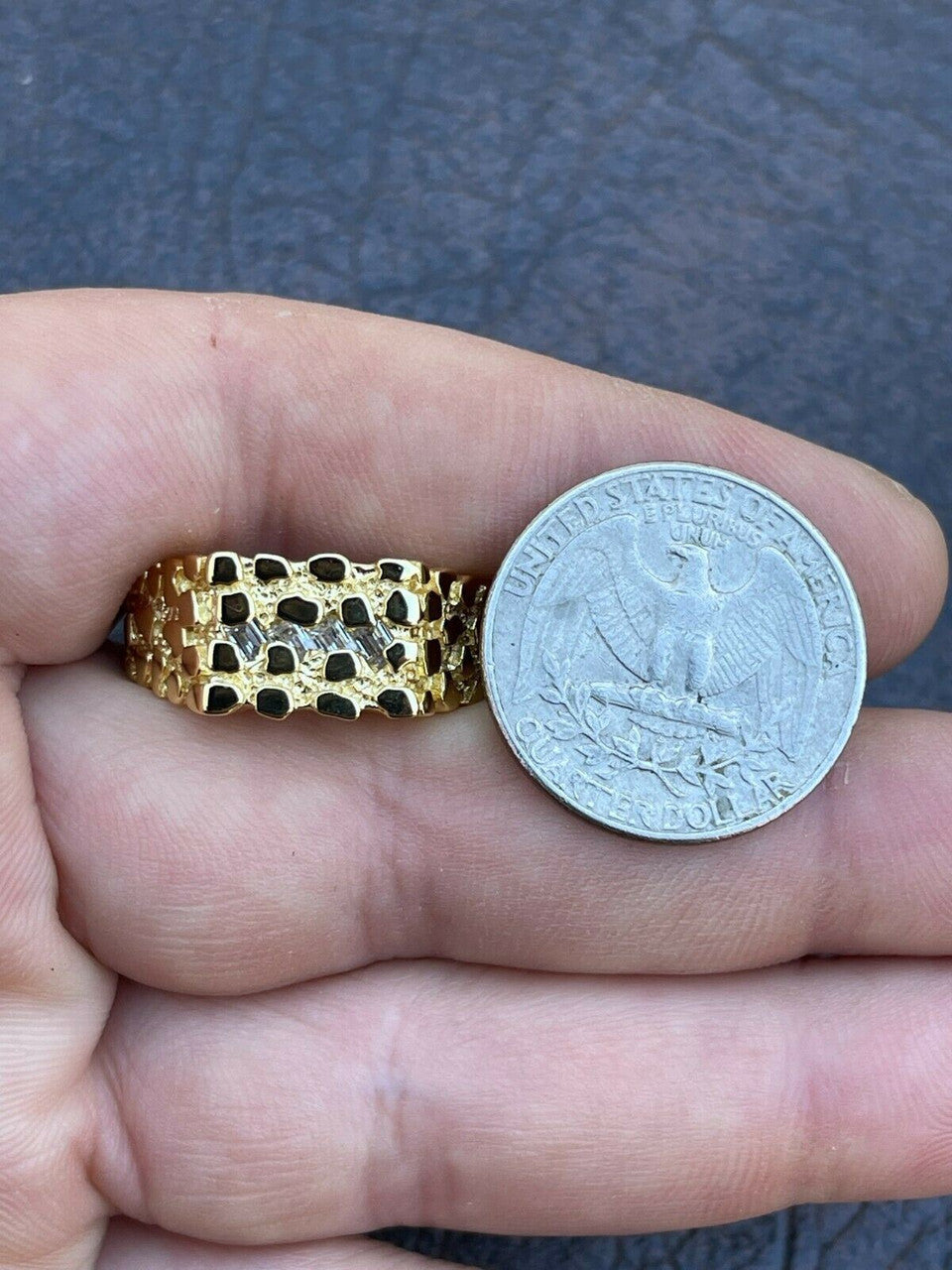 Italiano Silver, Inc 14k Gold Over REAL Solid 925 Sterling Silver Nugget Ring Iced Baguette Diamonds