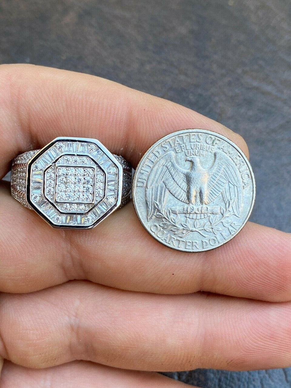 Italiano Silver, Inc Mens Real Solid 925 Silver Octagonal Hip Hop RING Iced Pinky Baguette Diamond