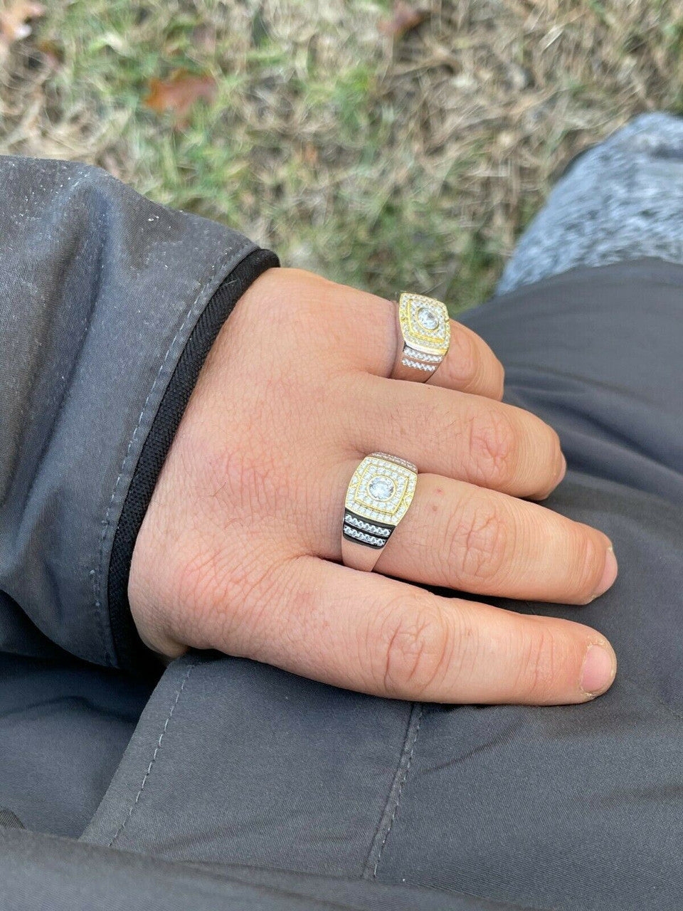 Italiano Silver, Inc Mens REAL Solid 925 Sterling Silver W 10k Gold Bezel Iced Diamond Solitaire Ring