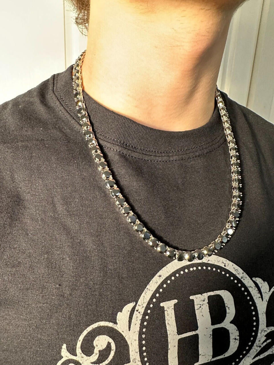 Italiano Silver, Inc. Real Black MOISSANITE Big 7mm Tennis Chain 925 Silver Iced Necklace Pass Tester