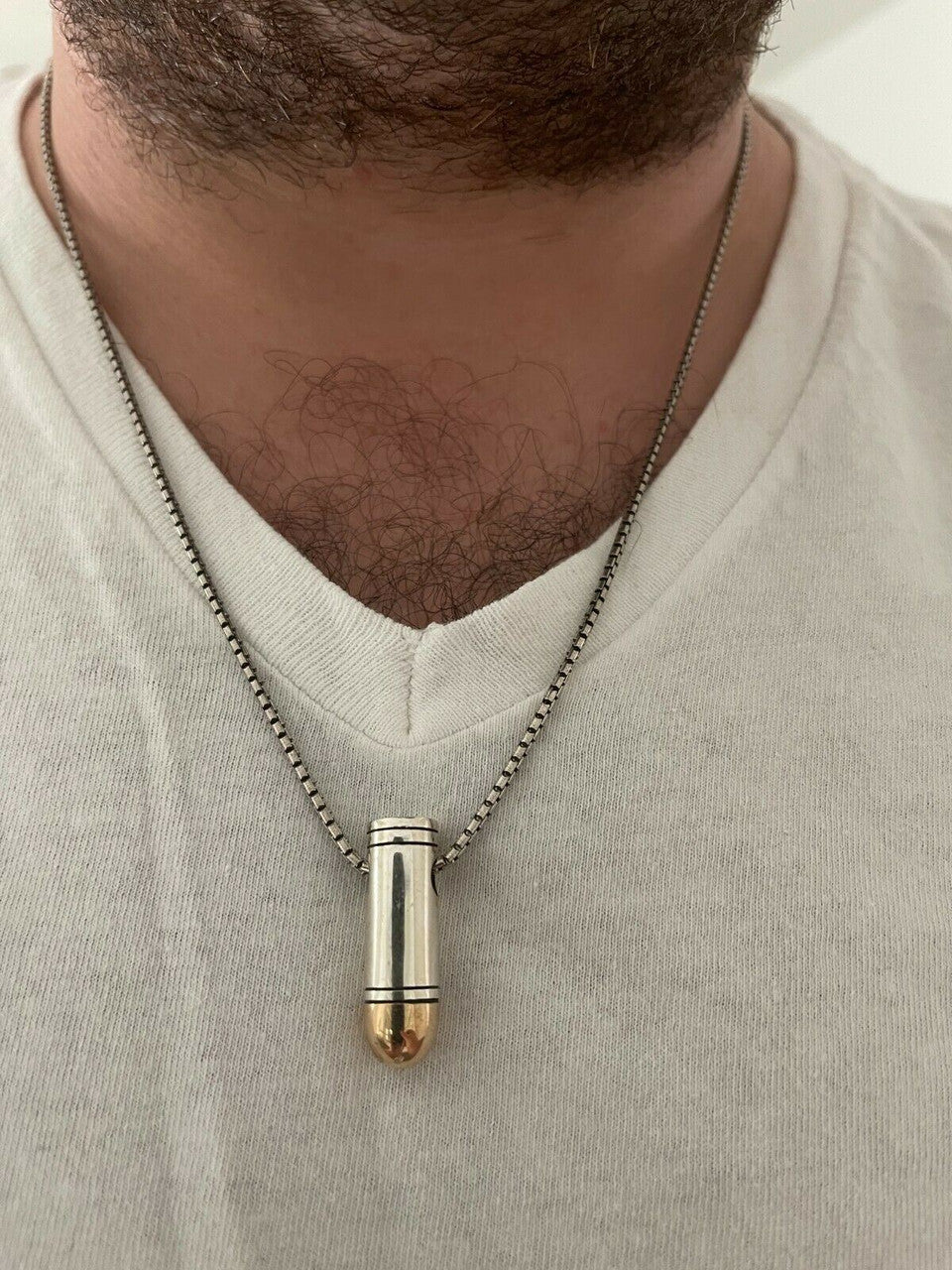 Mens Real 925 Sterling Silver and 14k Gold Bullet Pendant Necklace Chain 9mm Gun