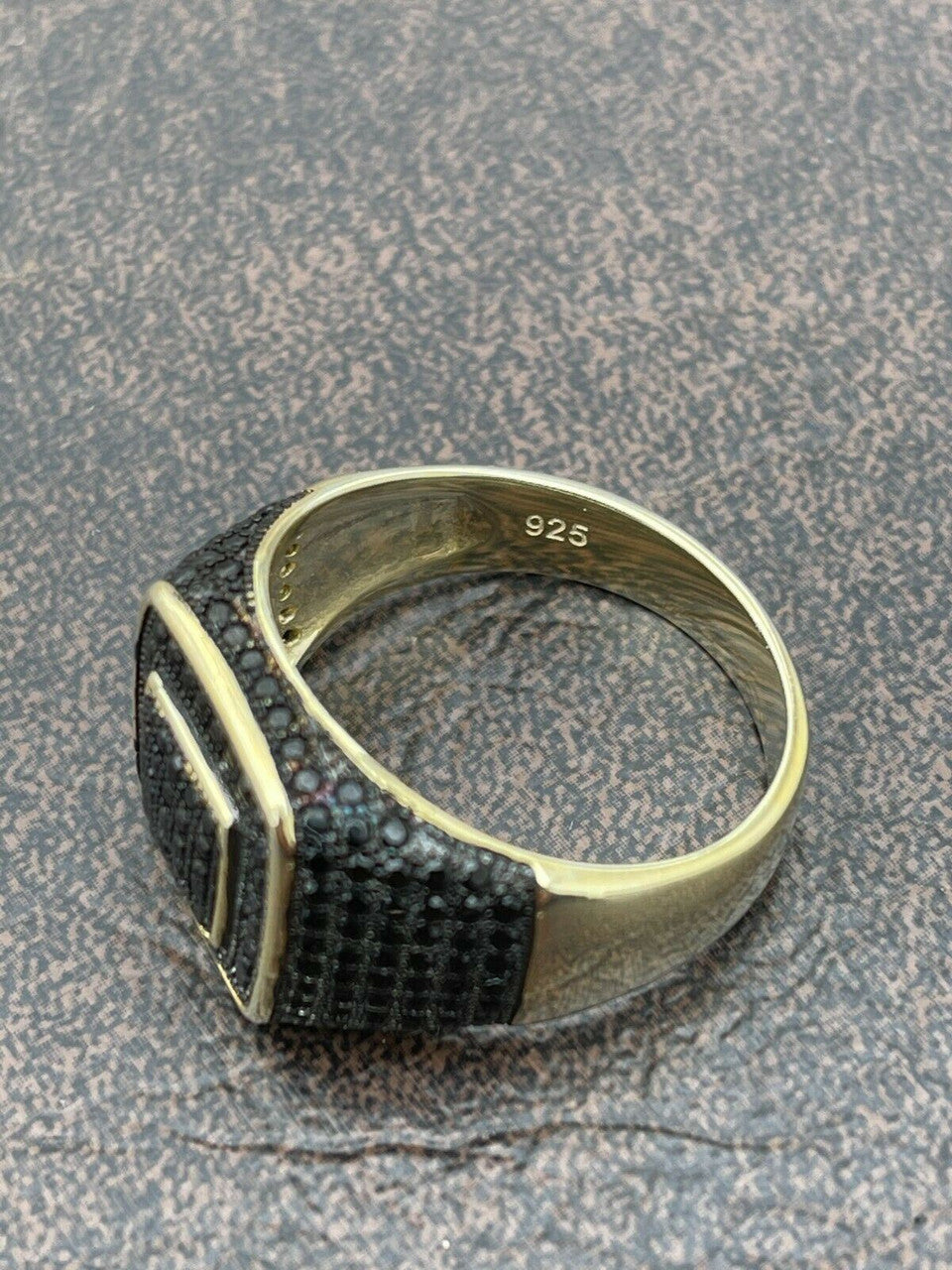 Mens Real Solid 925 Sterling Silver 14k Gold Oxidized Ring Black Diamond Iced