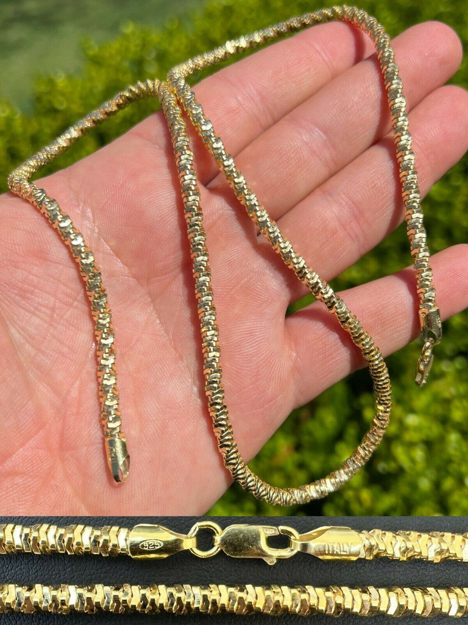 Real 14K Gold Vermeil 925 Silver Diamond Cut Sparkle Ice Rope Chain Necklace 4mm 16"