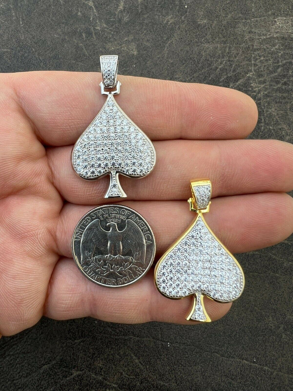 Real 925 Silver / Gold Hip Hop ACE Of Spades Pendant Iced Diamond Necklace Lucky