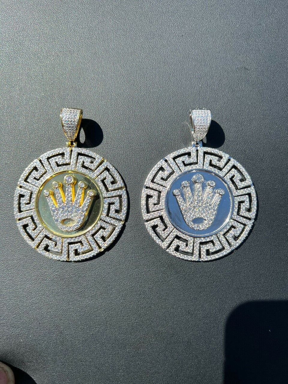 Real 925 Silver Iced Hip Hop Diamond King Crown Medallion Pendant Necklace Gold