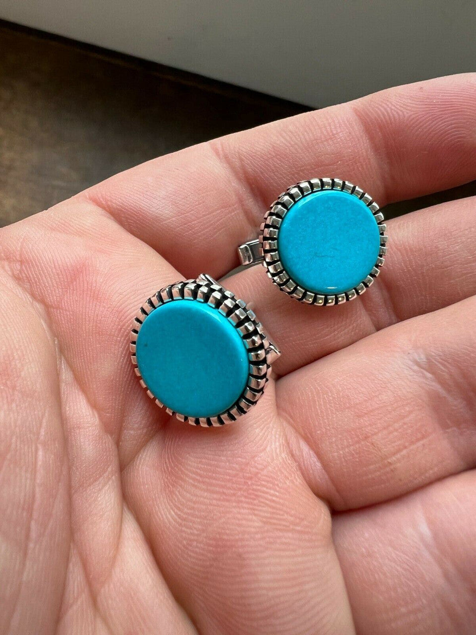 Real 925 Sterling Silver Mens Blue Turquoise Cuff Links Cufflinks Tuxedo Shirt