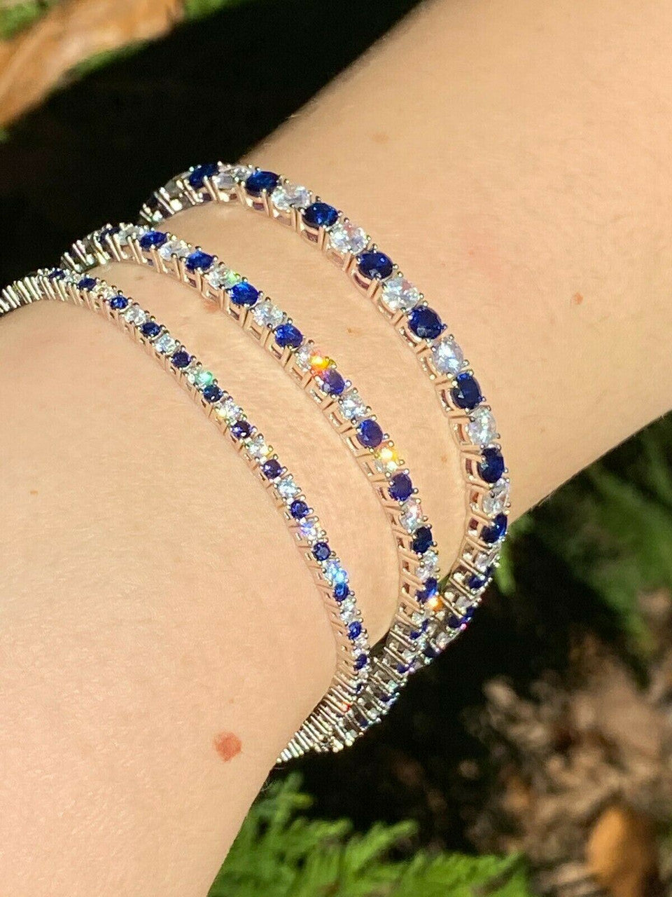 Tennis Bracelet SOLID 925 Sterling Silver Single Row Diamond and Blue Sapphire