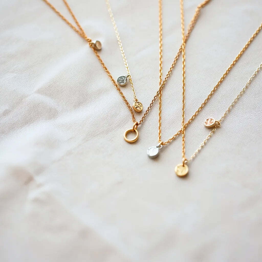 Handmade Italian necklaces with delicate chains and small pendants arranged on neutral fabric