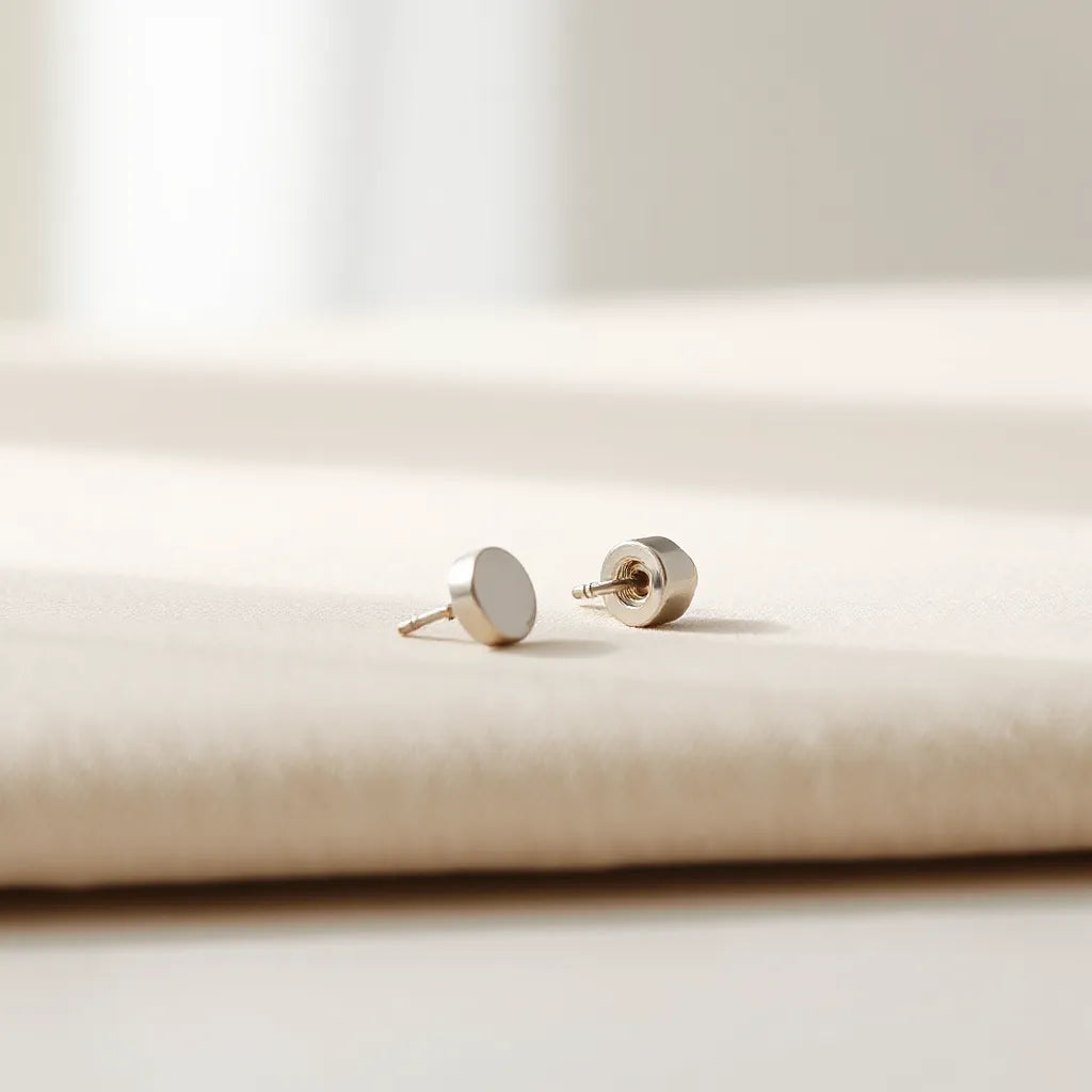 Small stud earrings with visible screw-back closures on a neutral fabric background