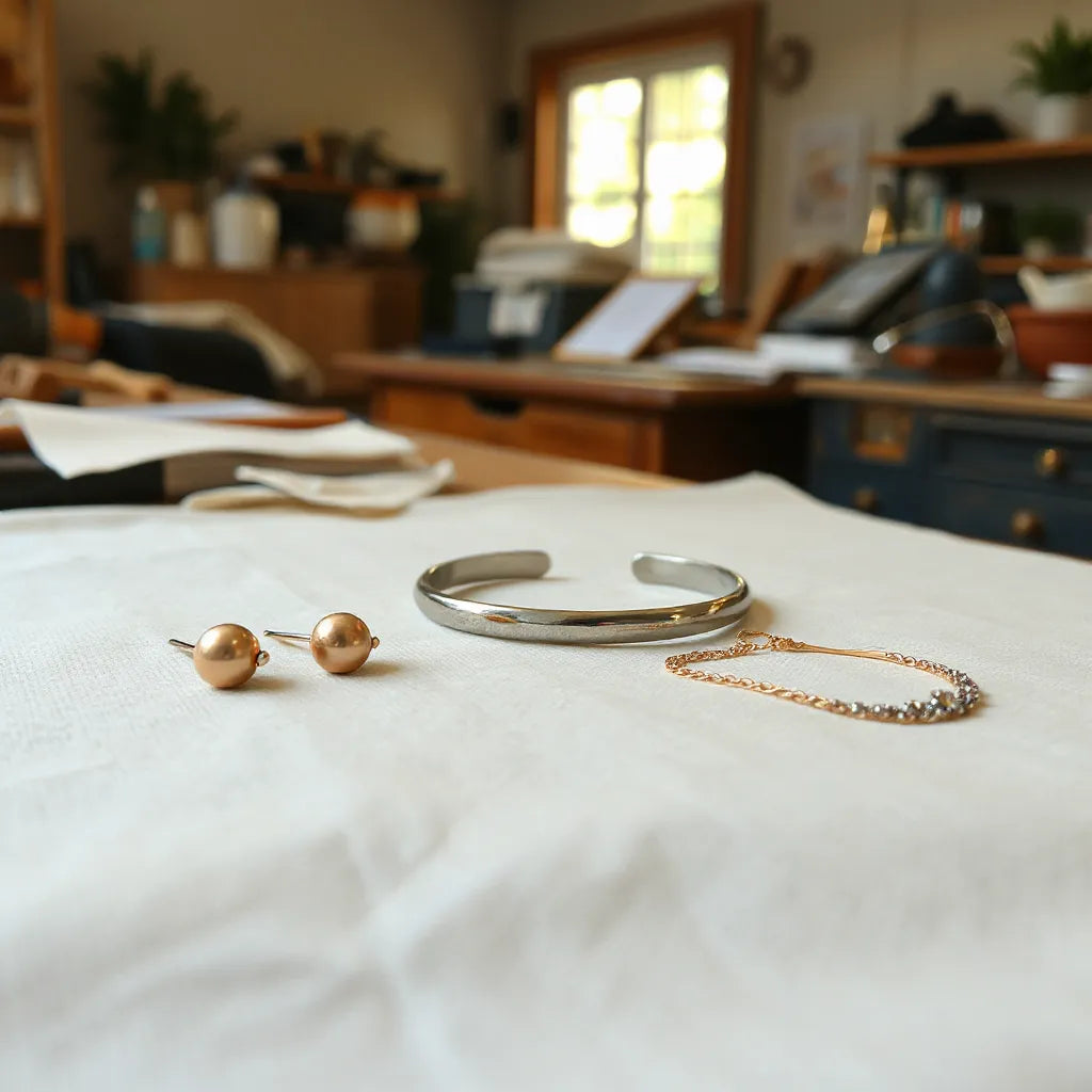 Assorted gold and silver earrings and bracelet on a jeweler’s linen workbench in warm light