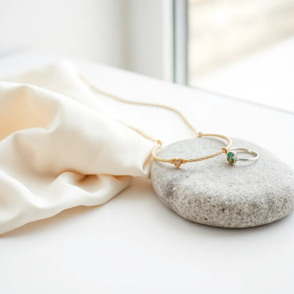 Handmade Italian gold and silver jewelry pieces arranged on soft fabric with subtle gemstone details