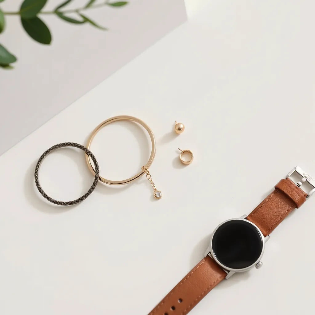 Minimal jewelry accessories laid out together, showing matching bracelets, necklace, earrings, and a watch band
