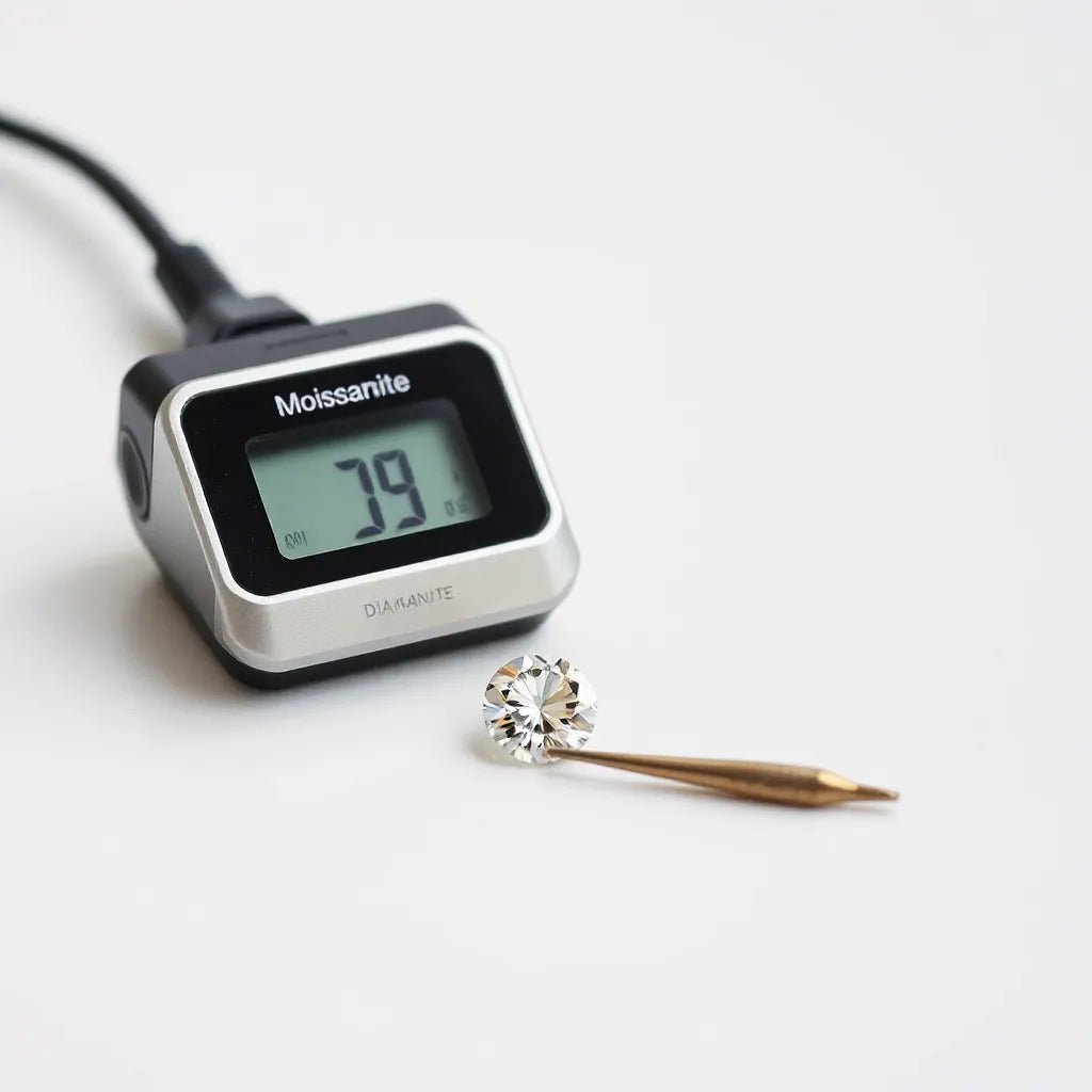 Moissanite diamond tester device beside a moissanite gemstone with a metal probe tip on a clean surface