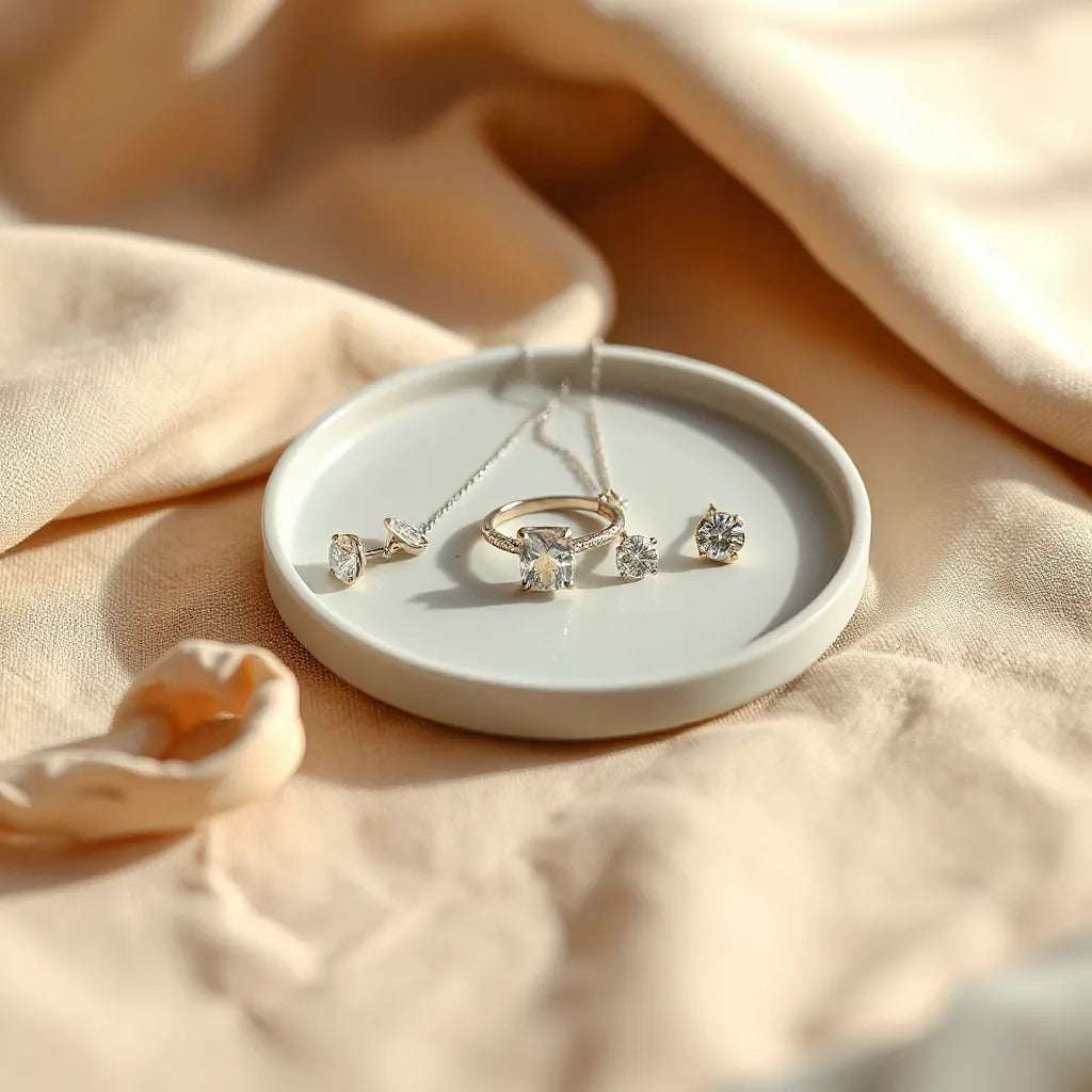 Moissanite ring, pendant, and stud earrings arranged neatly on a neutral background with soft sparkle