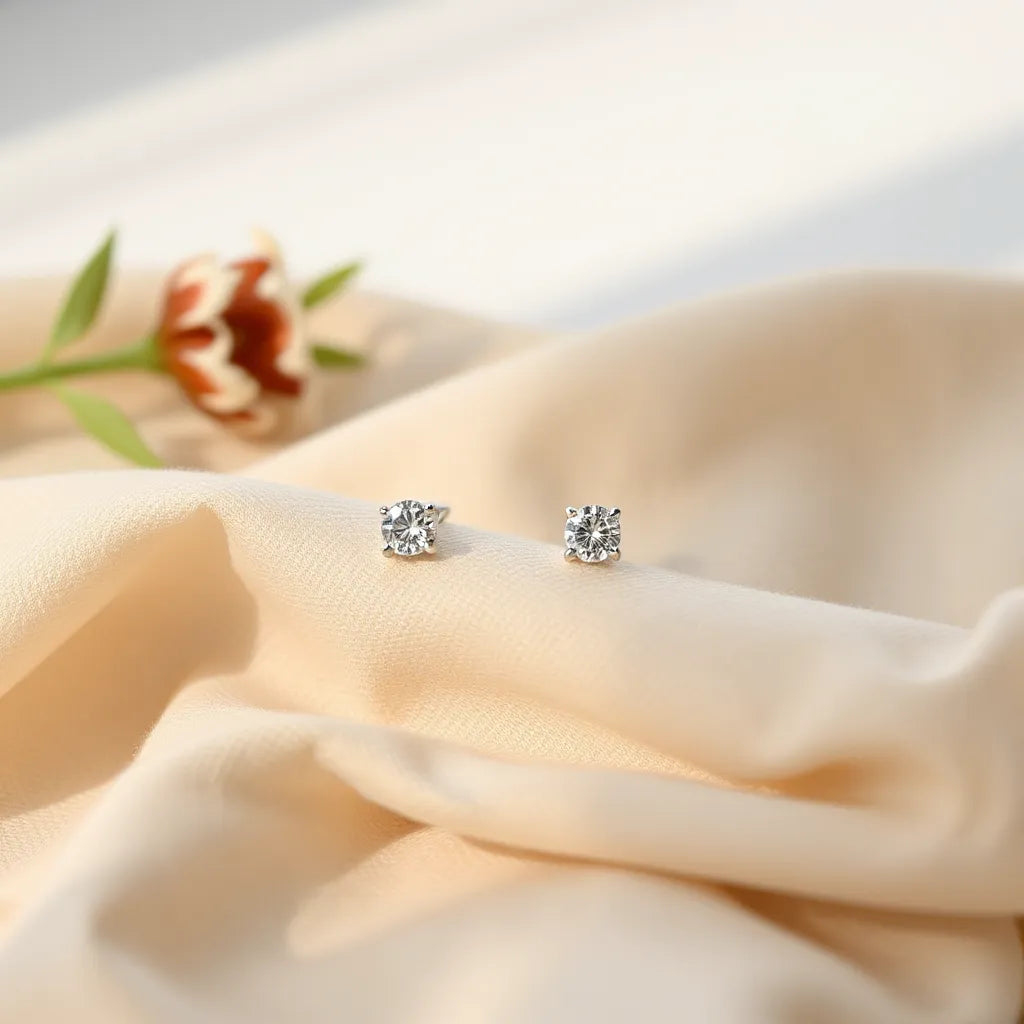 Pair of solitaire stud earrings with a round center stone on a neutral background