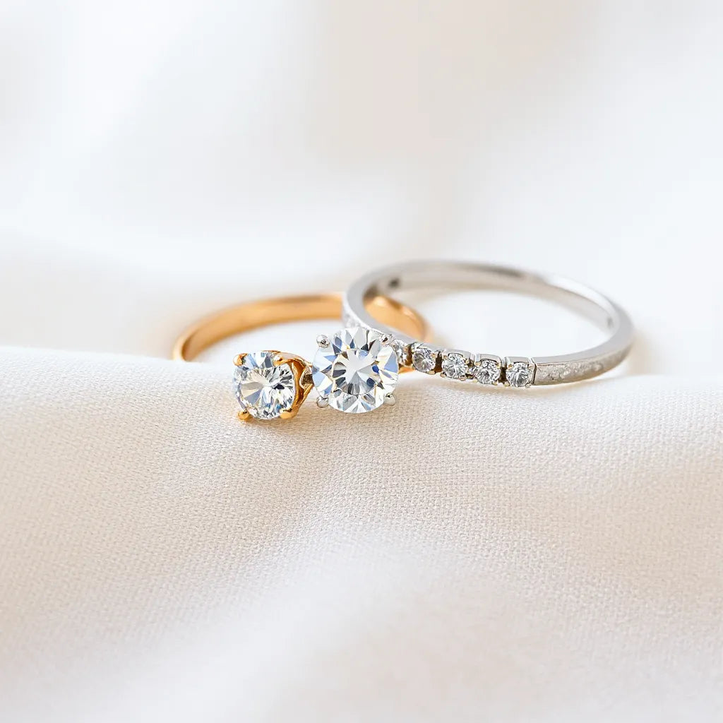 Moissanite solitaire ring and delicate bracelet with visible gemstone sparkle on a neutral background