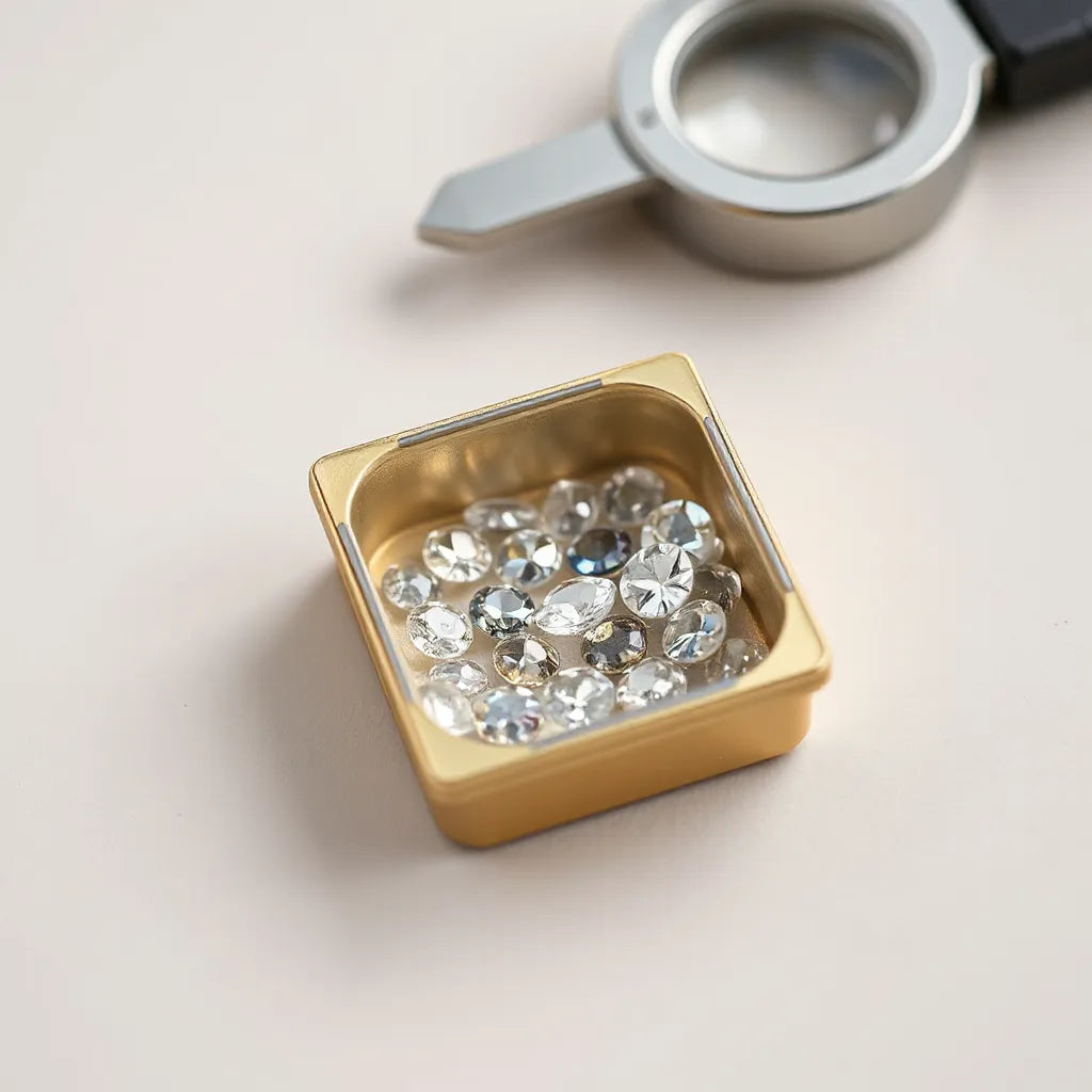 Assorted tiny gemstones in a small parcel with a loupe and caliper on a clean work surface
